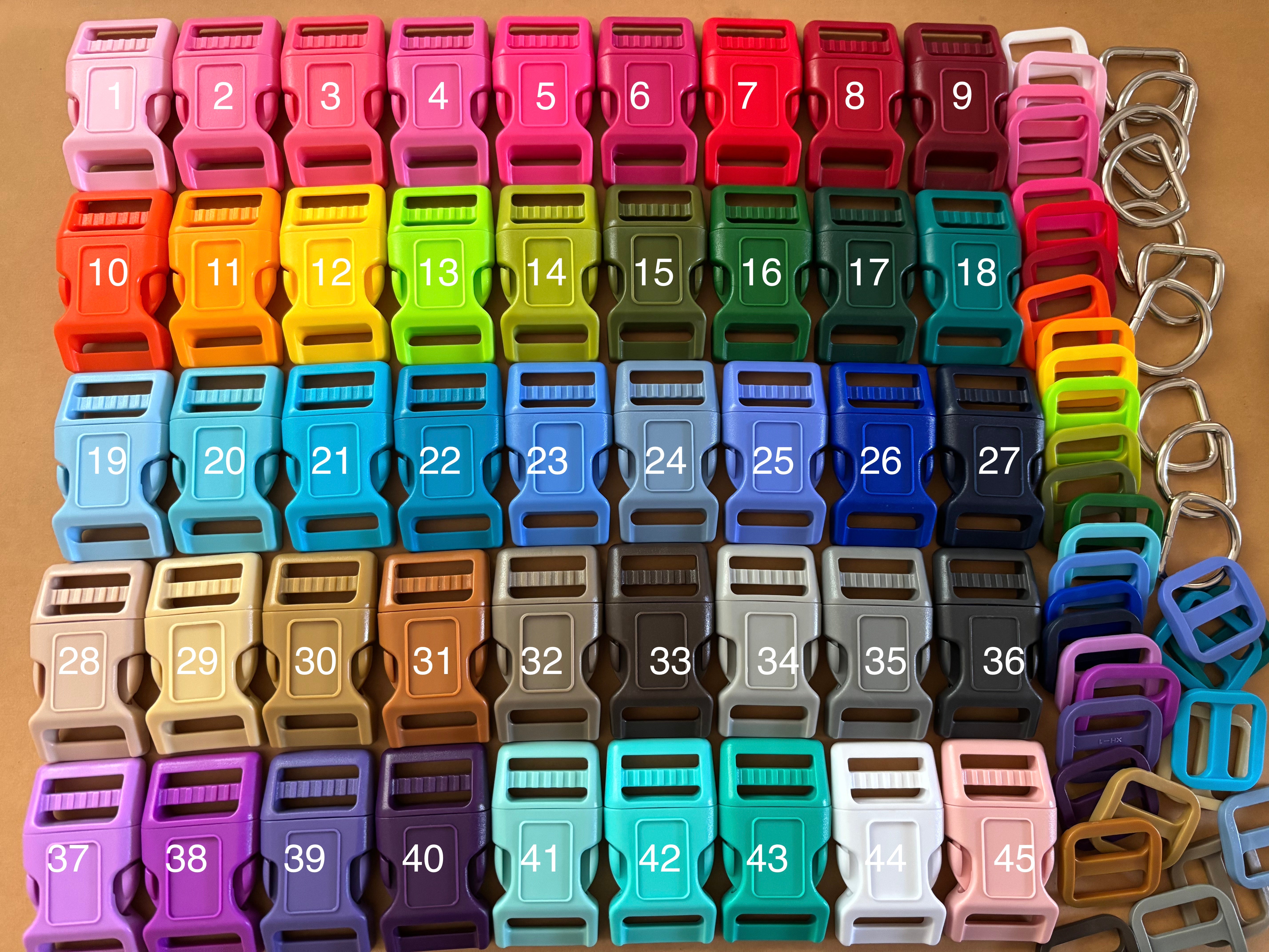 10 x 1'' (25mm) Dog Collar Color Buckle and Triglides, 45 Colors