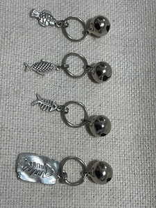 25 Cat Collar Charms Pet Accessories- Silver Fish with Brass jingle Bell