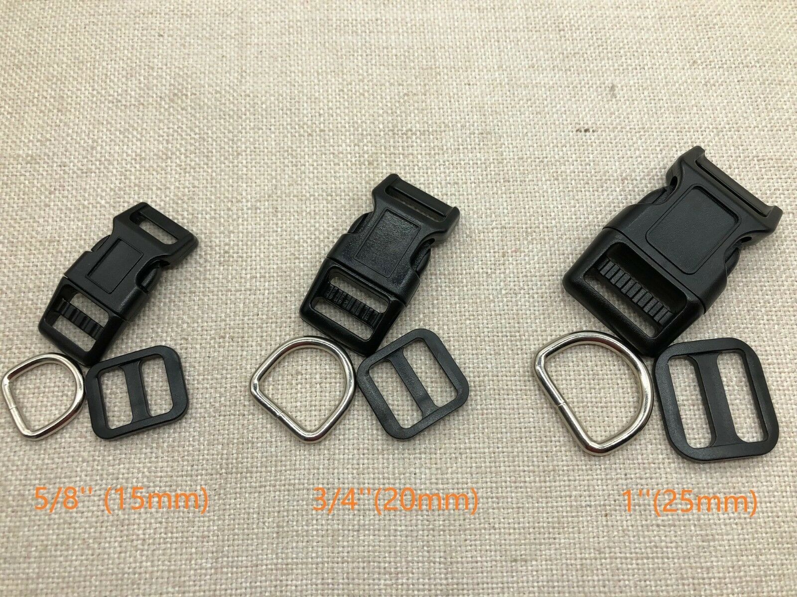 Black Dog Collar Hardware Kits- Super Strong Buckle+Slide+D (3 Sizes)