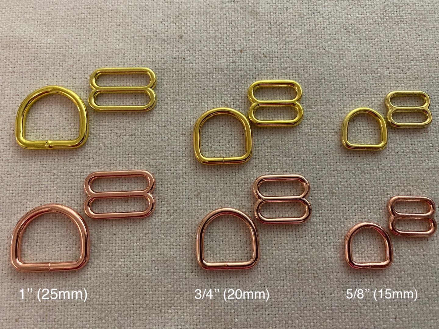 25+25 Metal Round Triglides and Weld D ring Gold or Rose Gold