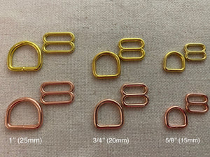 25+25 Metal Round Triglides and Weld D ring Gold or Rose Gold